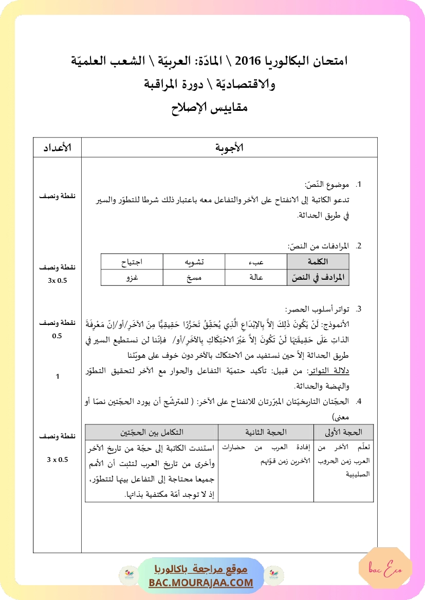 Corrigé controle arabe Bac 2016 – Section eco